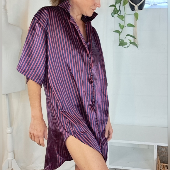 Vintage Secrecy silky striped oversized button front pajama shirt szL - Picture 2 of 14